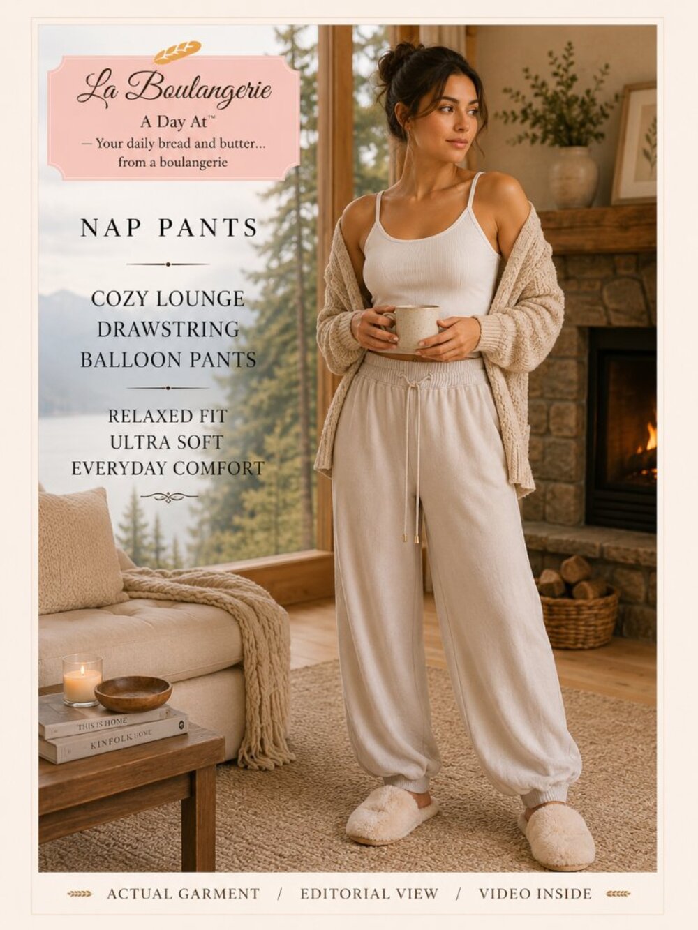 Nap Pants Beige Balloon Harem Drawstring Jogger Pants Relaxed Minimalist Lounge